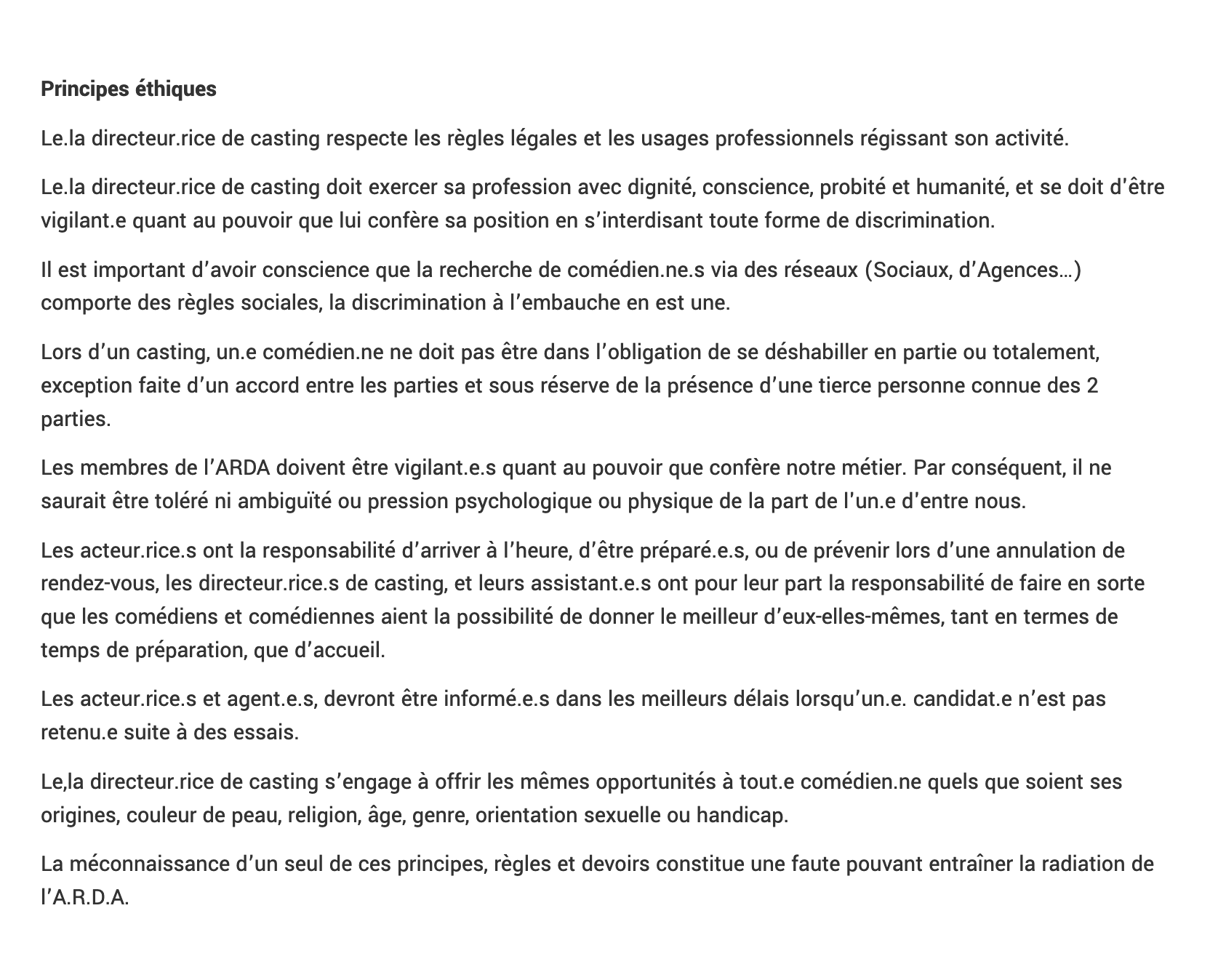Principes éthiques extraits de la Charte de l'ARDA